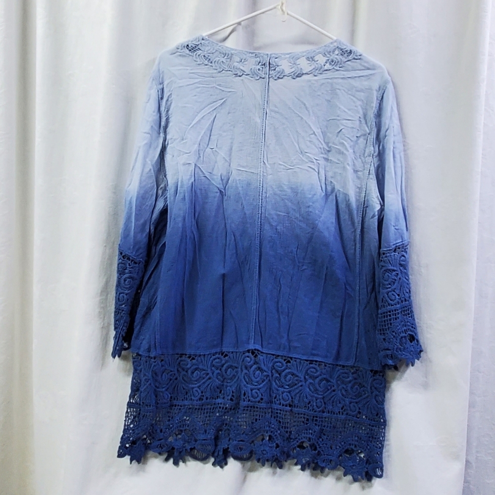 Chico's NWT Women's Blue Ombre Lace Trim Embroidered Boho Pullover Tunic Large - Picture 9 of 10